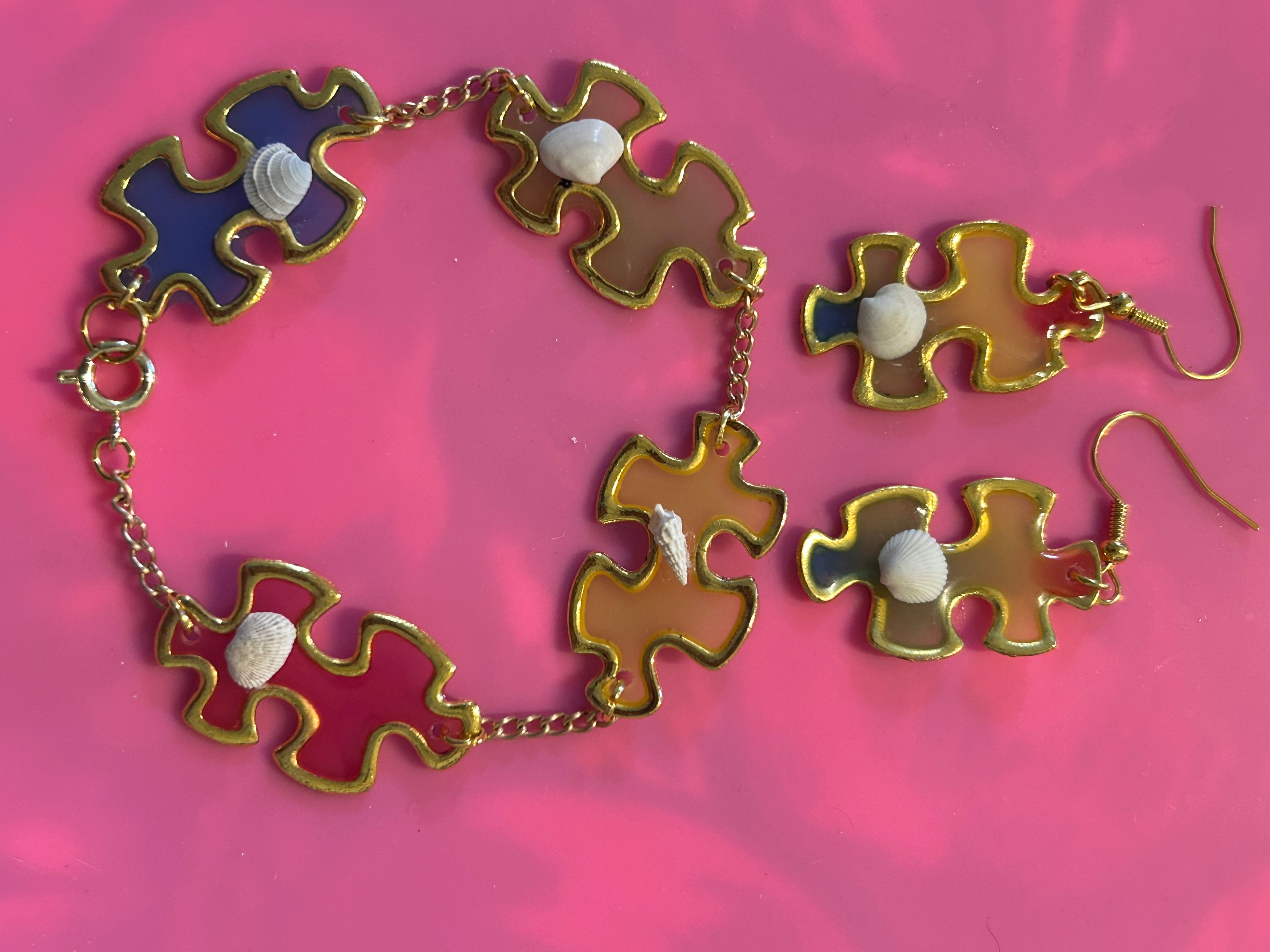 Gold puzzle pieces bracelet and earrings- Autism Awareness