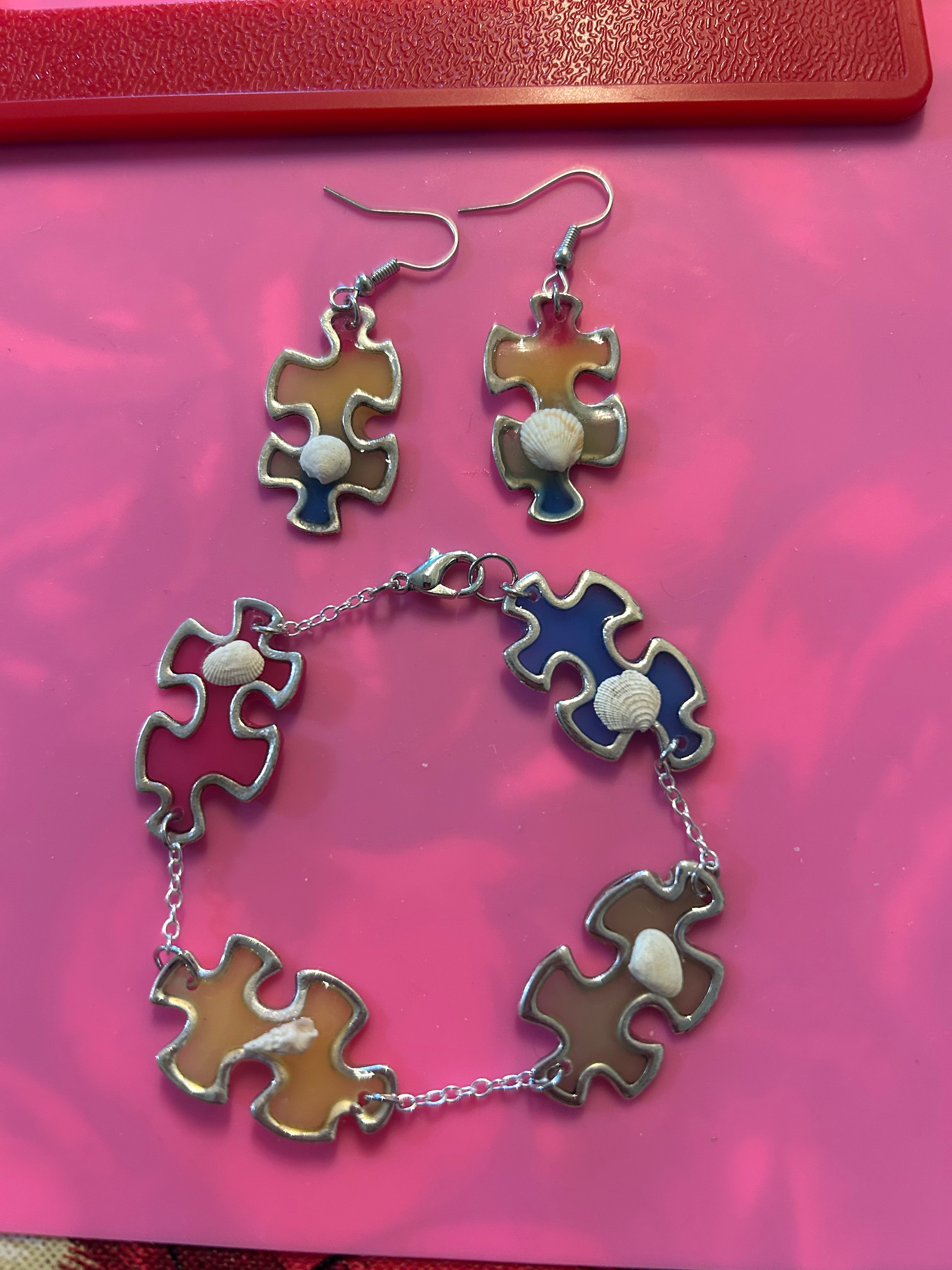 silver bracelet and earring puzzle pieces- Autism awareness