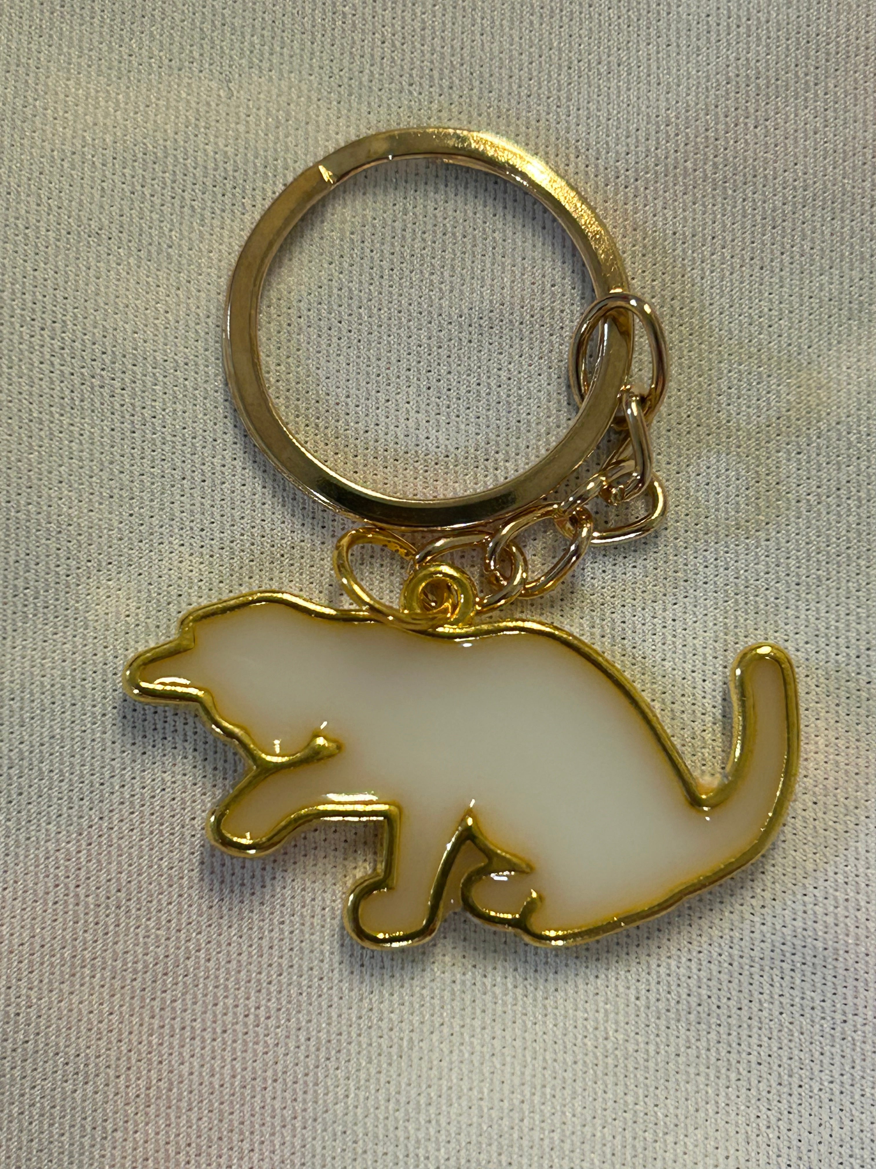 Gold keychain, white cat licking paw